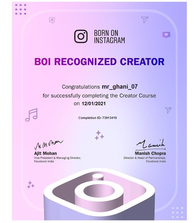 Born on Instagram recognized creator certificate for mr_ghani_07, January 2021
